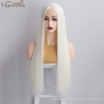 Vigorous White Synthetic Lace Front Wig Long Straight Wigs for Women 26 inches Middle Part Black Red Pink Cosplay Party Wigs